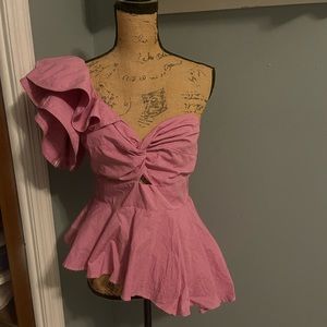 Ruffled off shoulder asymmetrical top